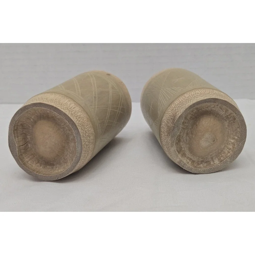 Two Vintage Jamaican‎ Hand Carved Bamboo Tiki Craft Cups Or Vases 4 Inches